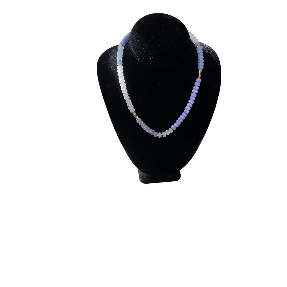 Blue Agate Beaded Necklace Pastel Ombre Purple, Blue, White, Gold Accents 16‎ in